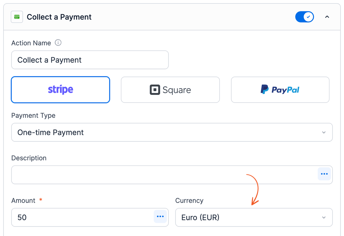 Stripe payment methods - Euro (EUR) currency in the Collect a Payment action Stripe payment methods - Euro (EUR) currency in the Collect a Payment action