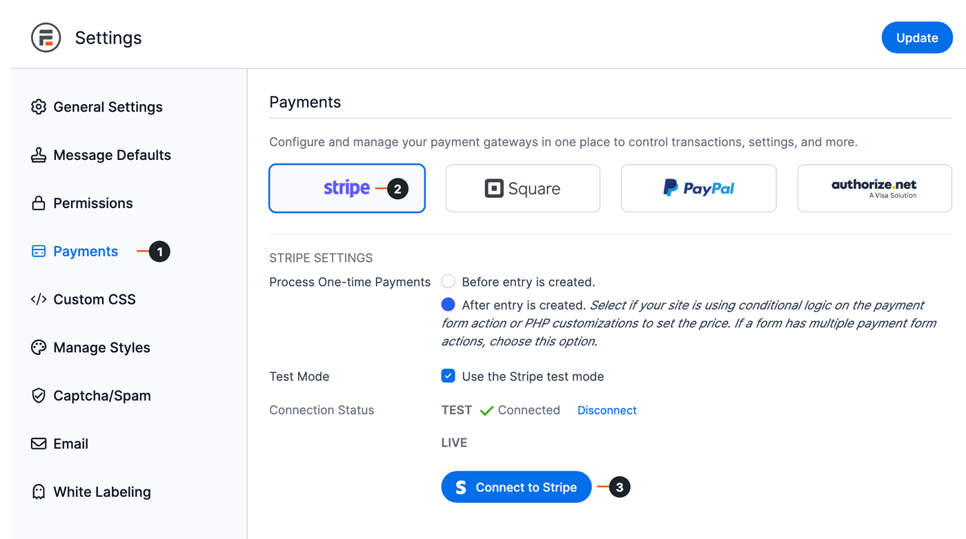 Global Settings with numbered circles on Payments (1), the Stripe tab (2) and the Connect to Stripe button (3) Global Settings with numbered circles on Payments (1), the Stripe tab (2) and the Connect to Stripe button (3)