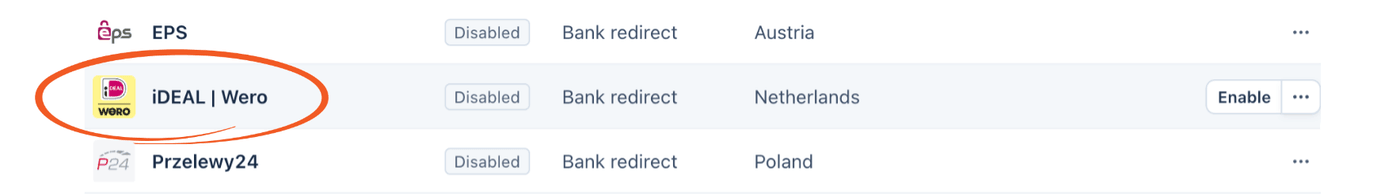 Stripe dashboard - Enable button on the iDEAL | Wero row in the Payment methods table Stripe dashboard - Enable button on the iDEAL | Wero row in the Payment methods table