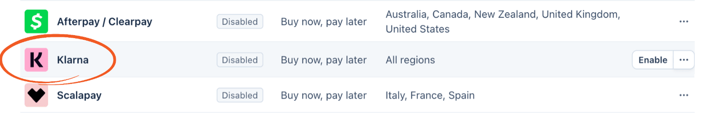 Stripe dashboard - Enable button on the Klarna row in the Payment methods table Stripe dashboard - Enable button on the Klarna row in the Payment methods table