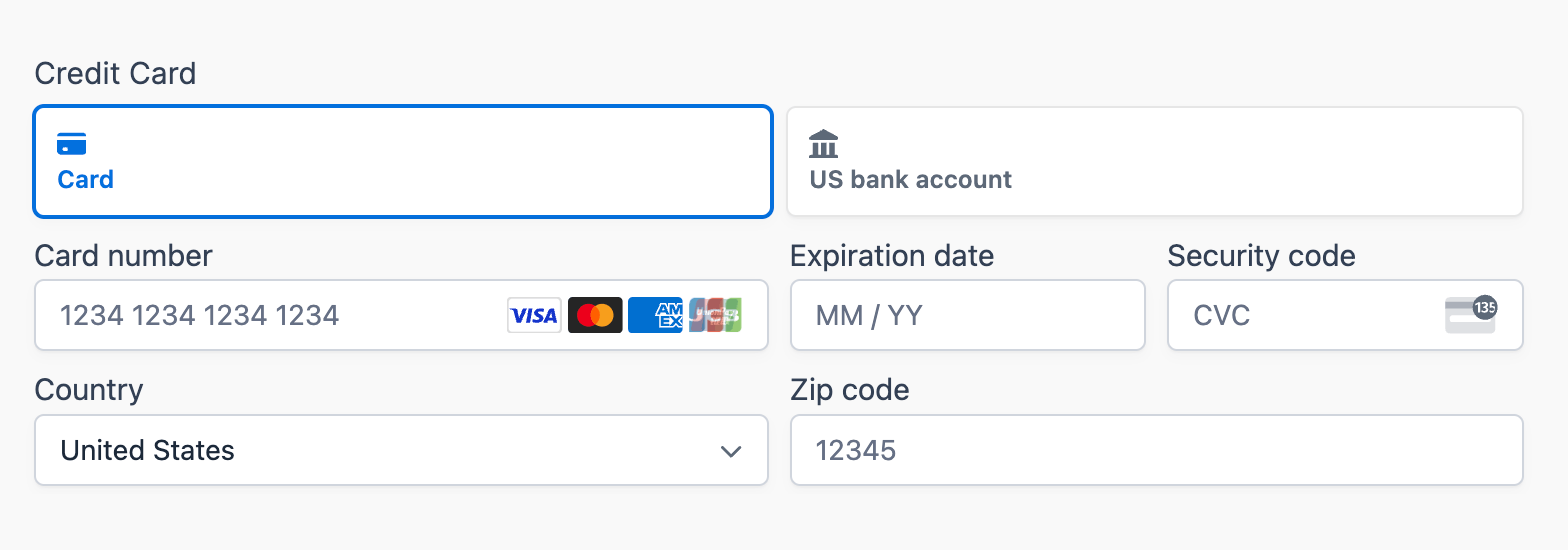 Payment element on the form with no Save for later option Payment element on the form with no Save for later option