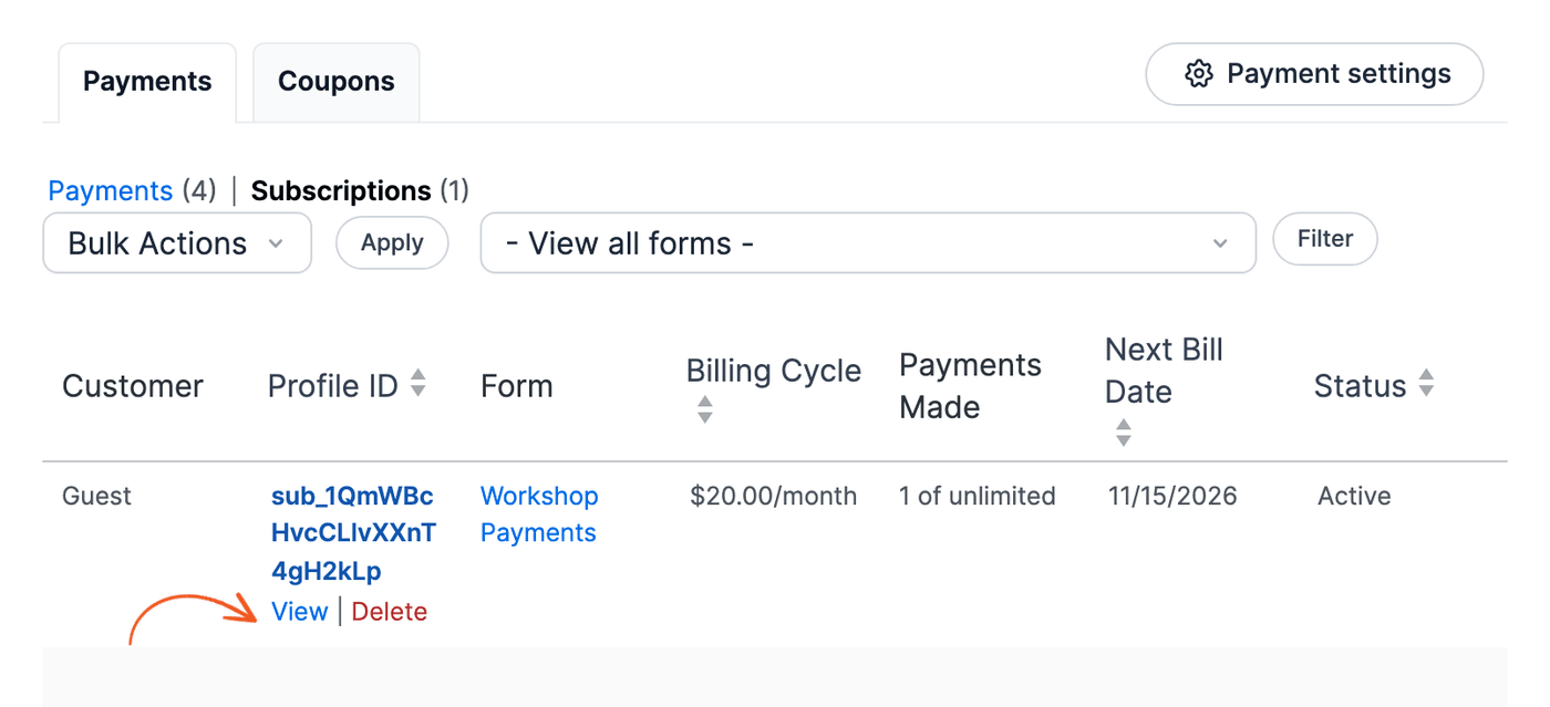 Subscriptions list with the View link under a subscription Subscriptions list with the View link under a subscription