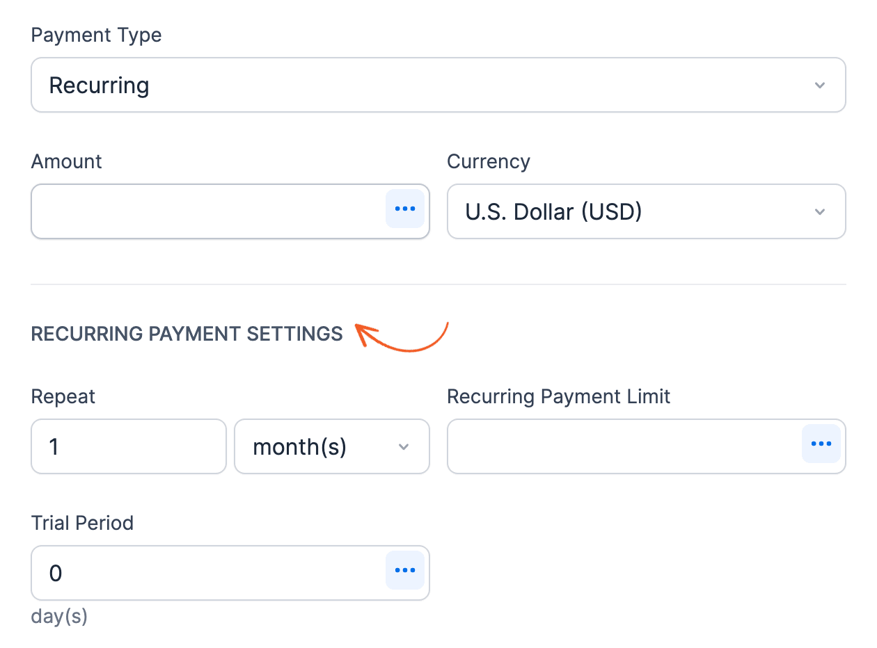Payment Type set to Recurring, with an arrow on the Recurring Payment Settings section it opens Payment Type set to Recurring, with an arrow on the Recurring Payment Settings section it opens