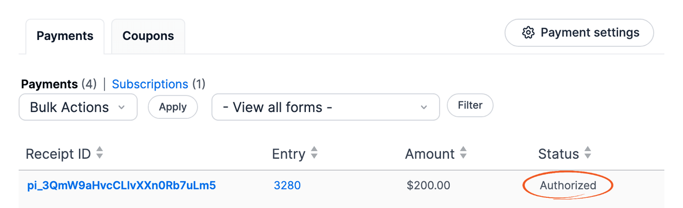 Stripe authorized payment status