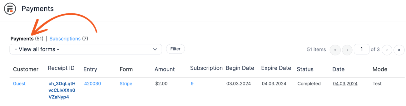 Stripe Payments Table