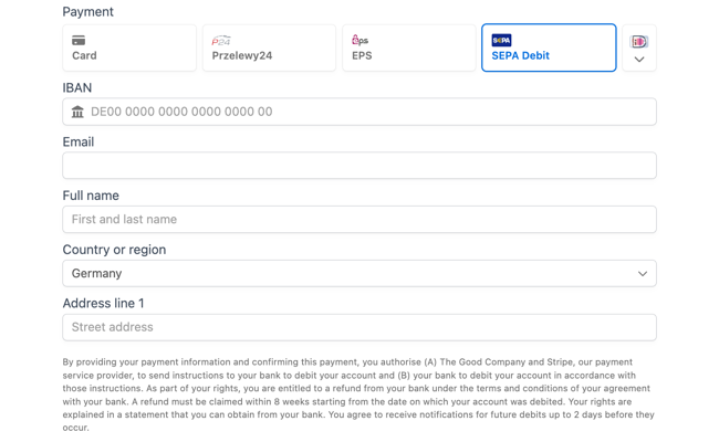 Stripe SEPA Direct Debit - Payment option in the form Stripe SEPA Direct Debit - Payment option in the form