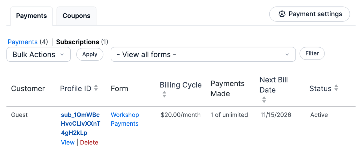 Subscriptions list on the Formidable Payments page Subscriptions list on the Formidable Payments page