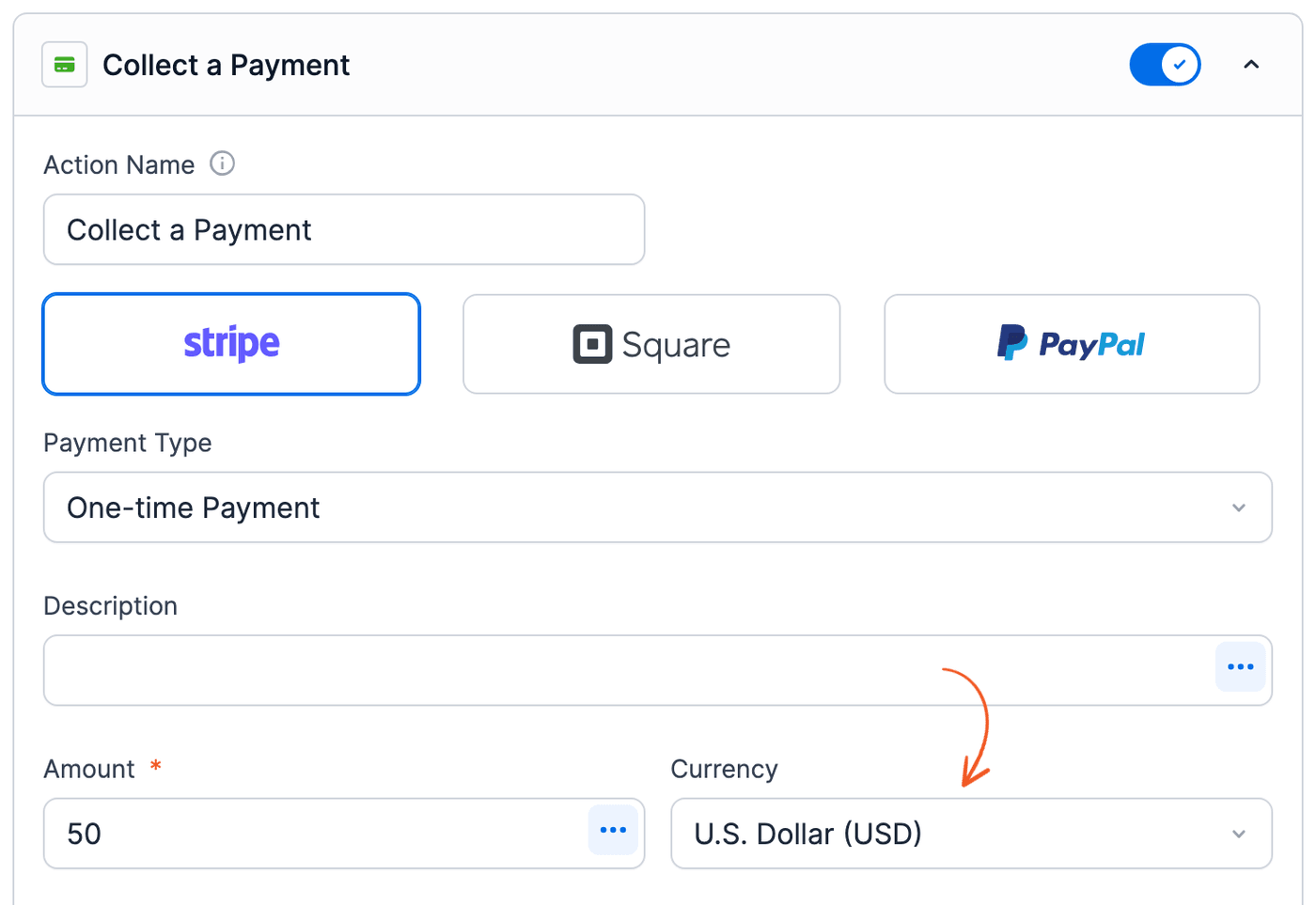 Stripe payment methods - U.S. Dollar (USD) currency in the Collect a Payment action Stripe payment methods - U.S. Dollar (USD) currency in the Collect a Payment action