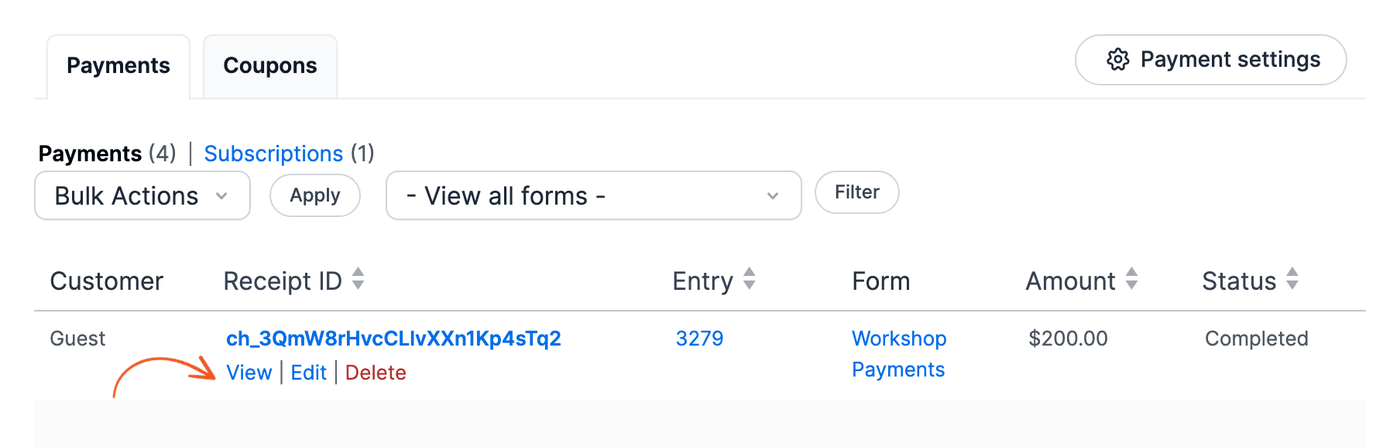 View link under a payment on the Formidable Payments page View link under a payment on the Formidable Payments page