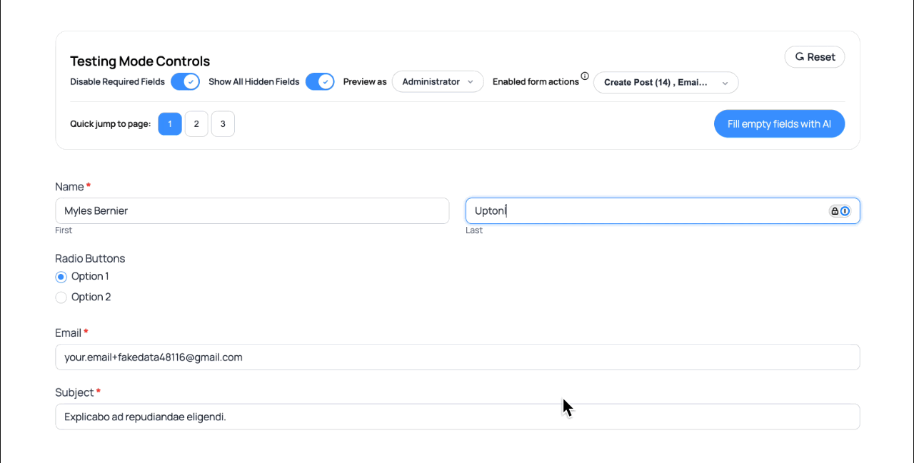Reset button clearing form fields and returning to page one in Test Mode.