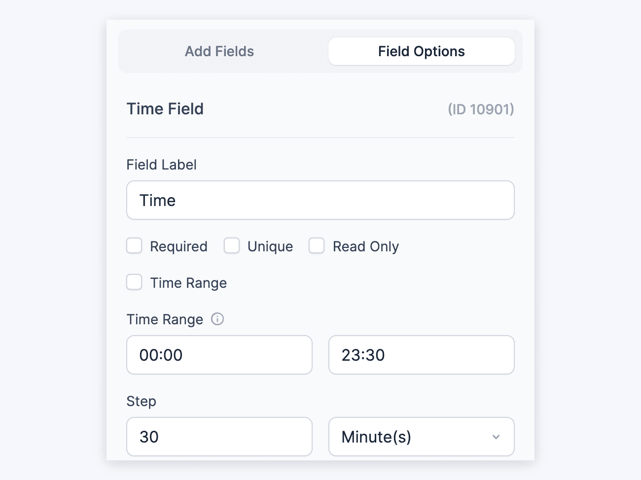 Time Field Options - Field Label, Required, Unique, Time Range and Step Time Field Options - Field Label, Required, Unique, Time Range and Step