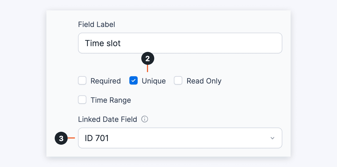 Time - Unique checkbox and Linked Date Field dropdown in the Time field options Time - Unique checkbox and Linked Date Field dropdown in the Time field options