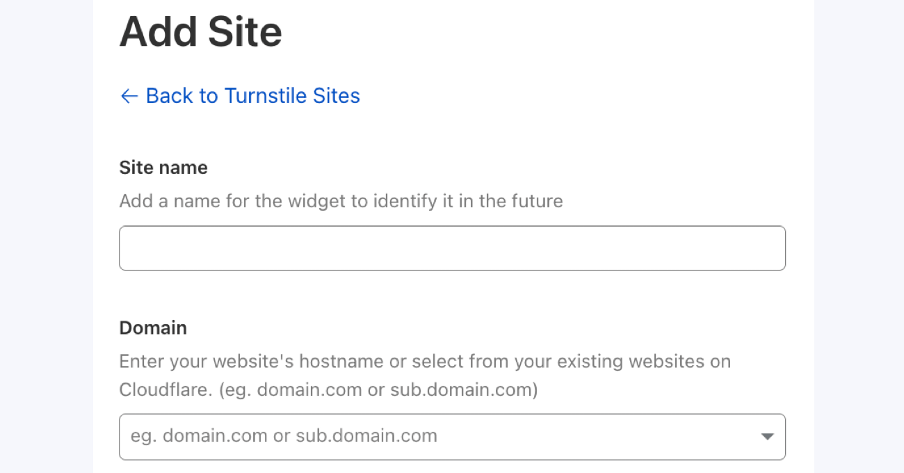 Add site name and domain in Turnstile account.