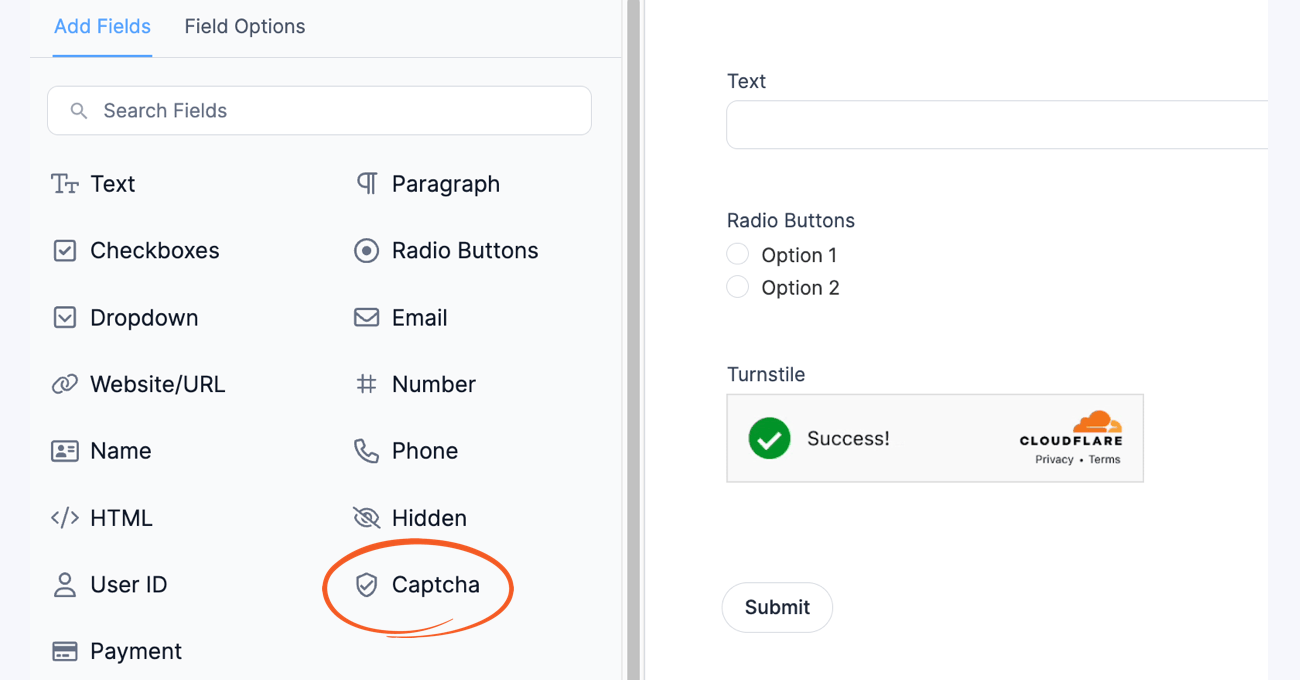 Add Turnstile Captcha field to your form.