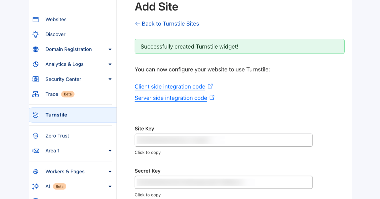 Turnstile Widget Site key and Secret Key