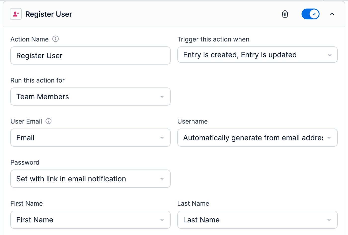 Register User action for a repeater - default triggers, Run this action for Team Members, and the repeater's Email, First Name and Last Name fields mapped Register User action for a repeater - default triggers, Run this action for Team Members, and the repeater's Email, First Name and Last Name fields mapped