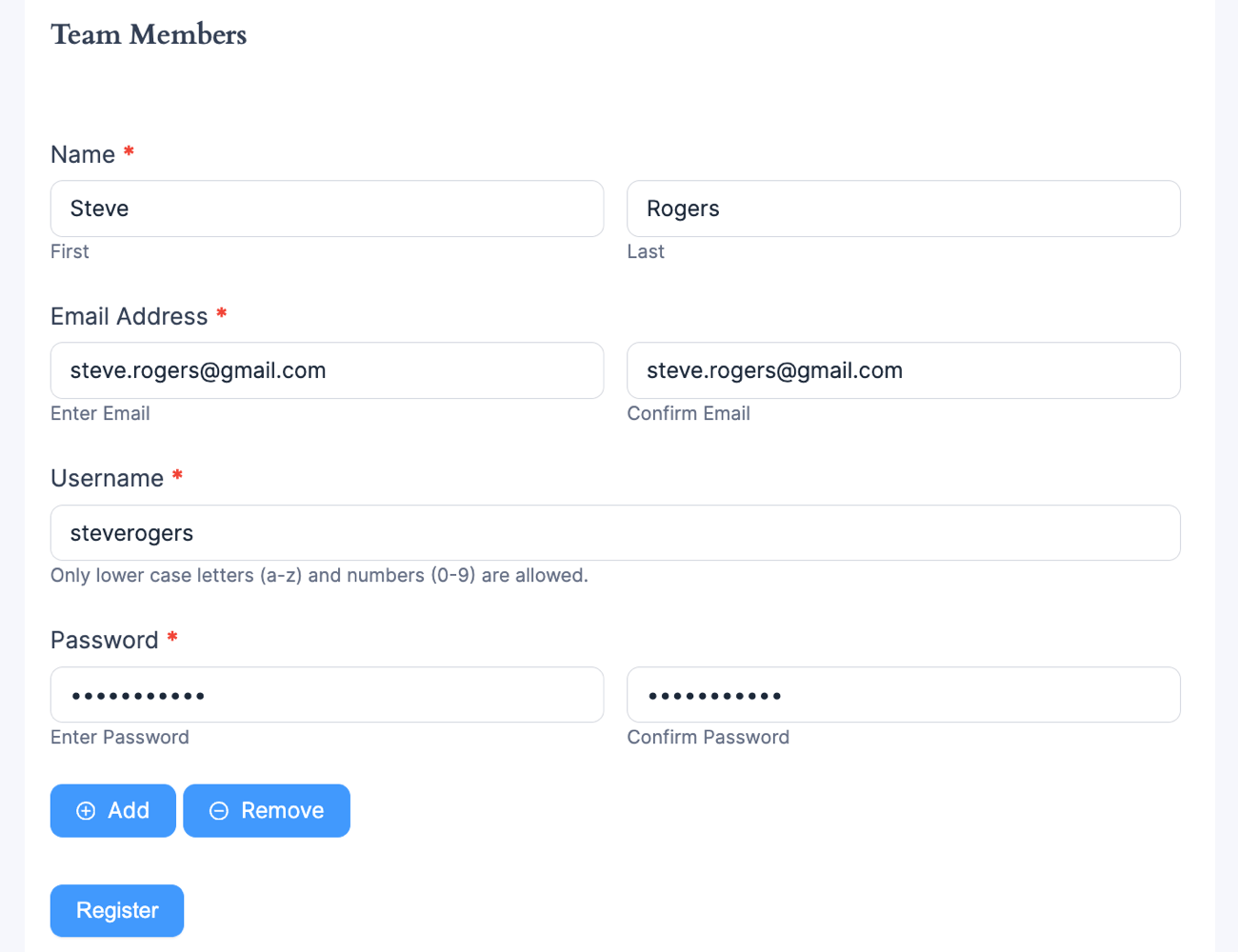 Submit entries in the repeater for multiple user registration