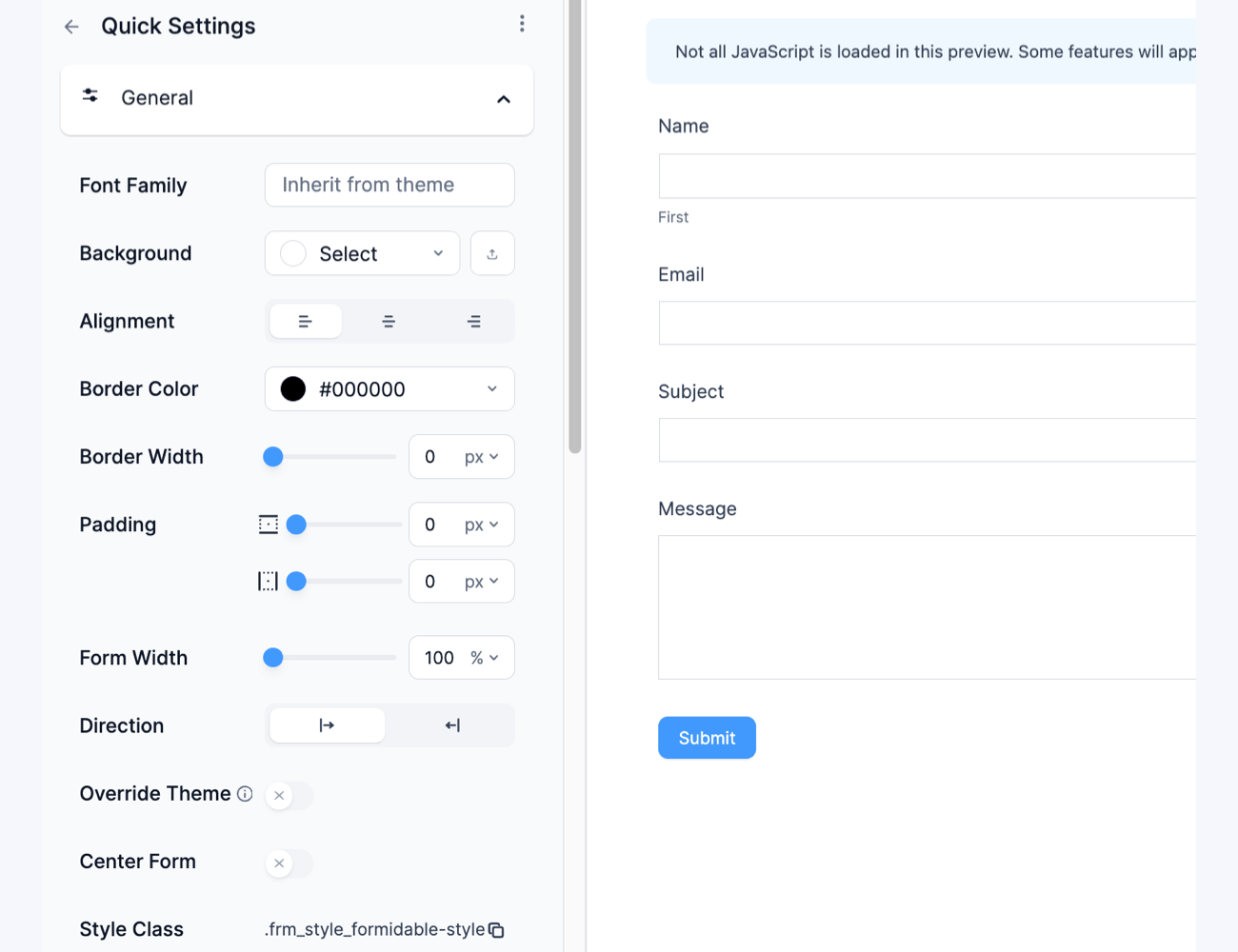 Formidable Forms Visual Form Styler settings