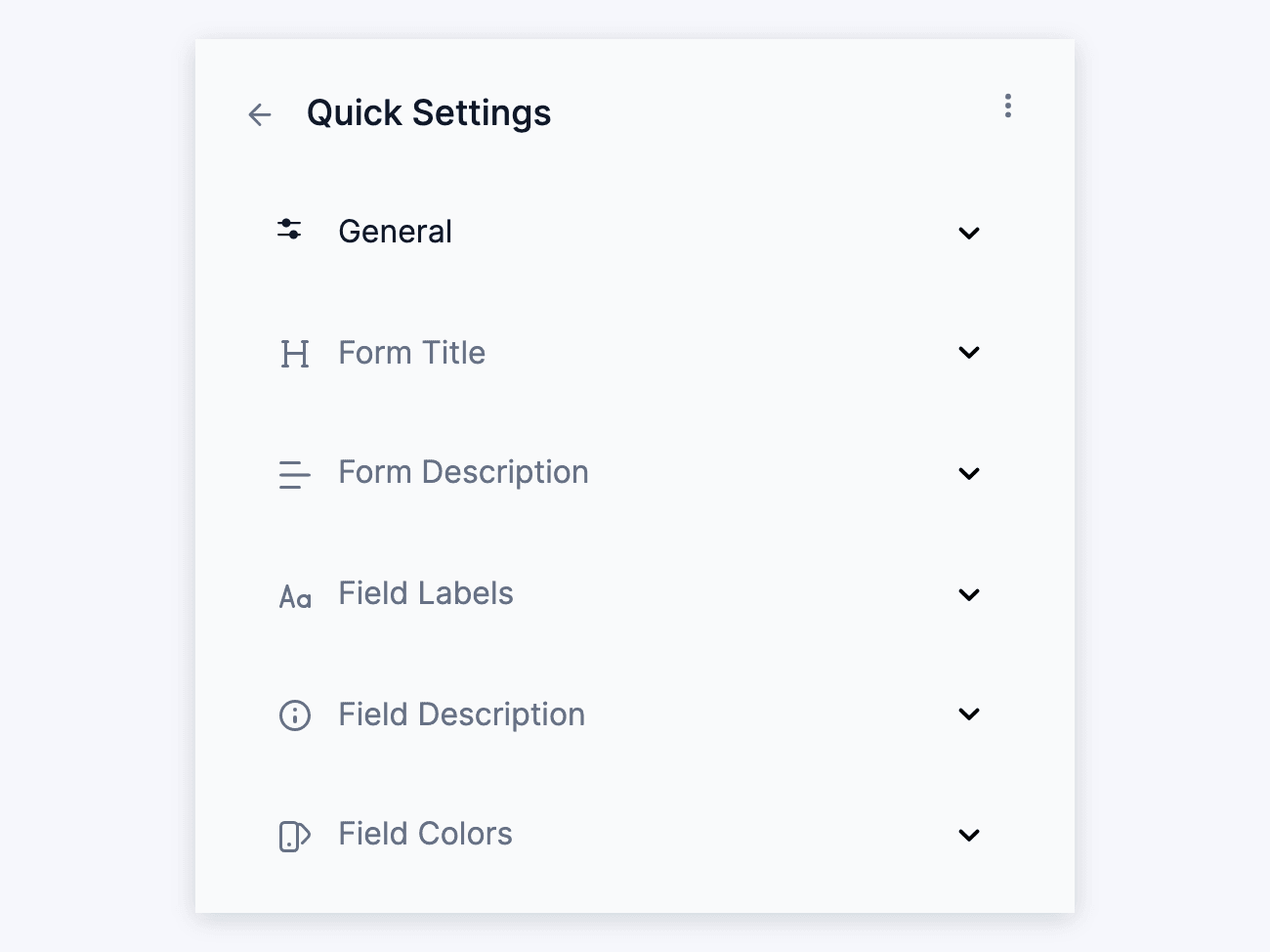 Advanced settings sections: General, Form Title, Form Description, Field Labels, Field Description, and Field Colors Advanced settings sections: General, Form Title, Form Description, Field Labels, Field Description, and Field Colors