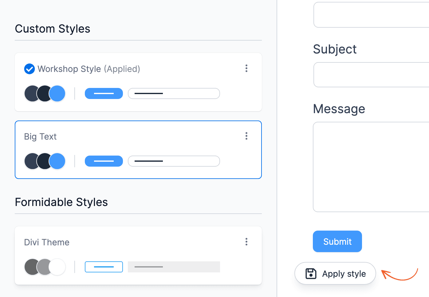 Big Text selected in Custom Styles, with the Apply style button at the bottom of the preview Big Text selected in Custom Styles, with the Apply style button at the bottom of the preview