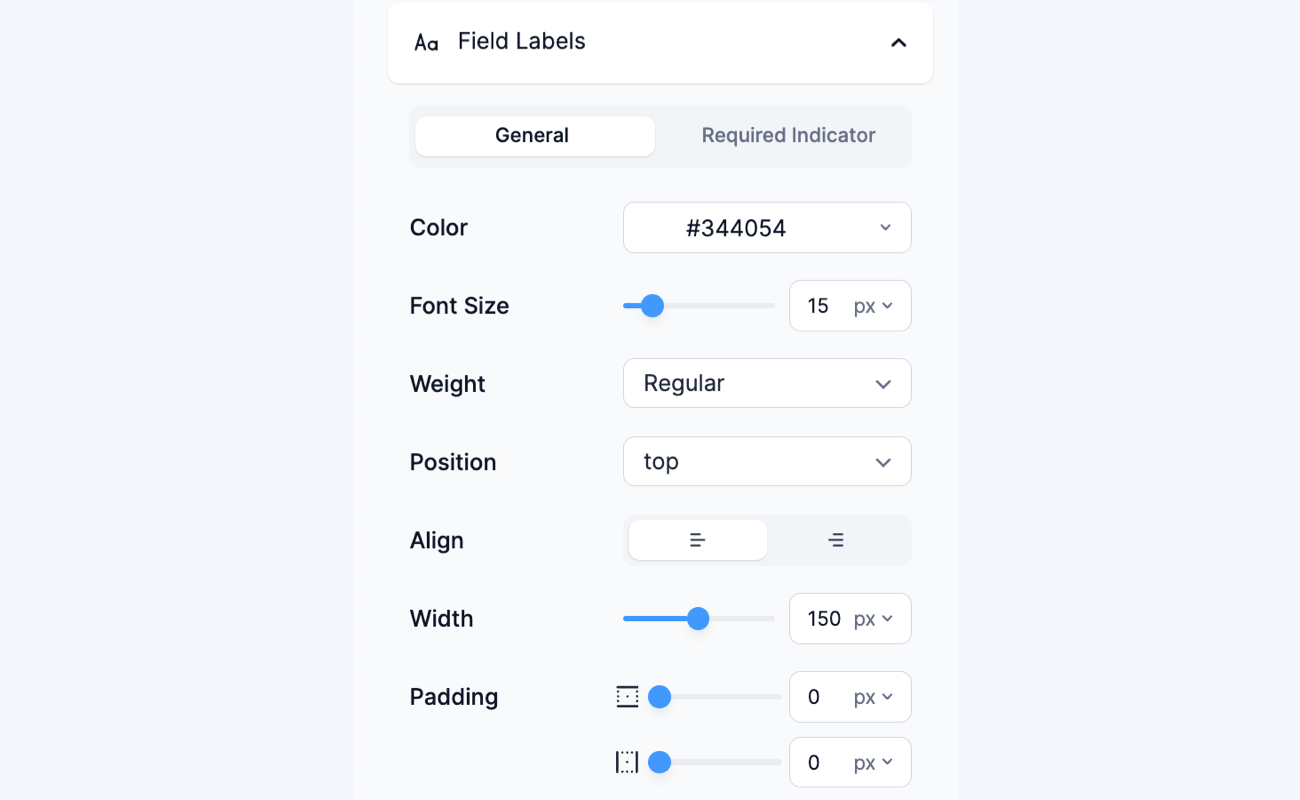 Adjust the styling of the field labels in the Visual Form Styler Advanced Settings