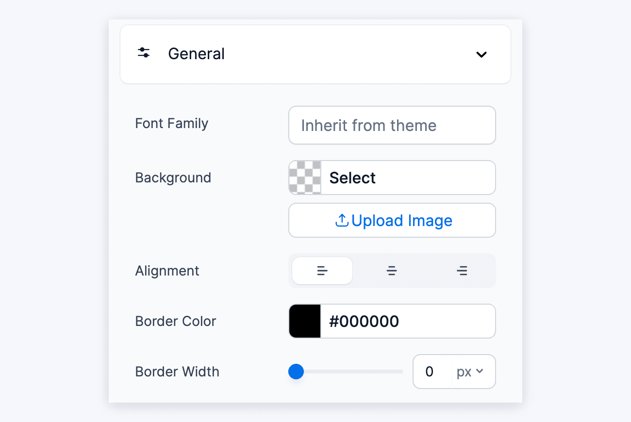 General settings in the Visual Form Styler - Font Family to Border Width General settings in the Visual Form Styler - Font Family to Border Width