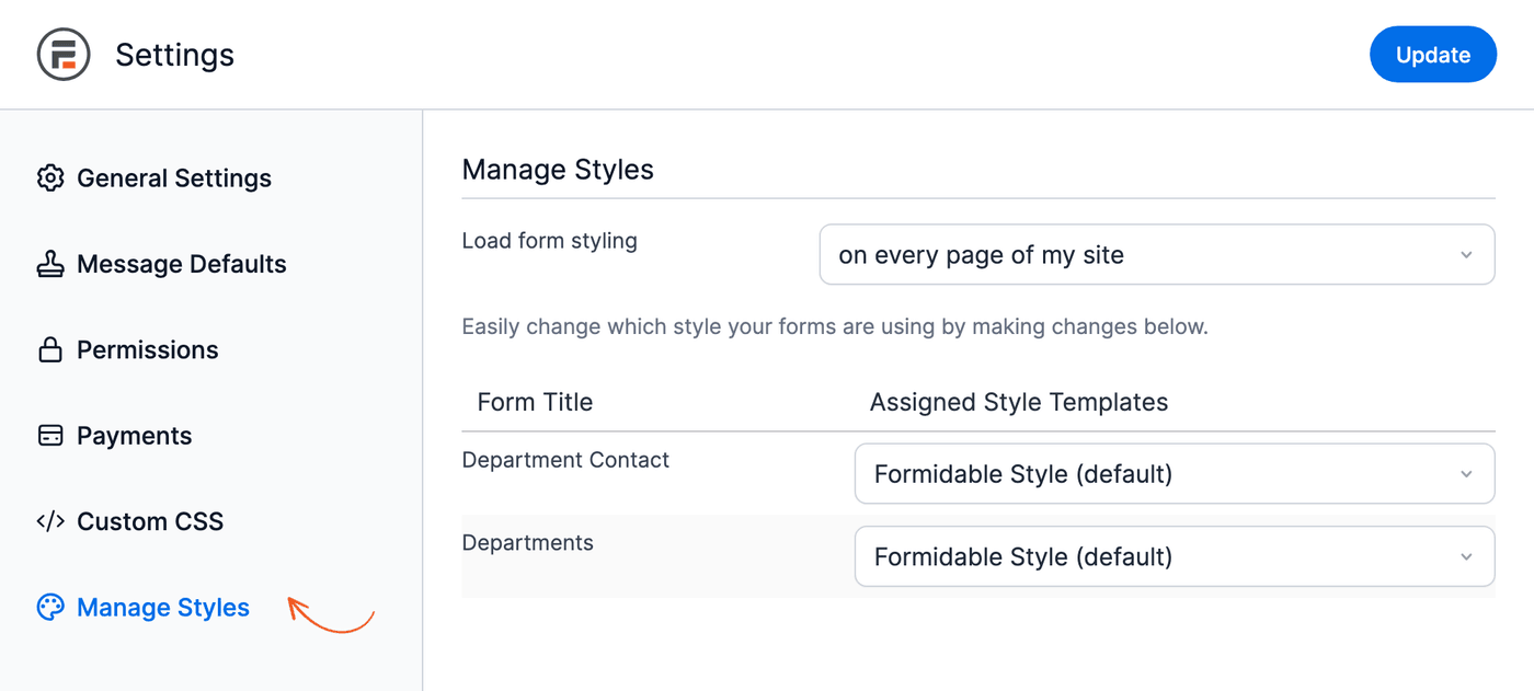 Global Settings - Manage Styles tab with Load form styling and the form style table Global Settings - Manage Styles tab with Load form styling and the form style table