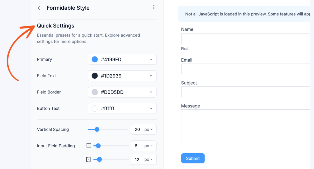 Formidable Forms quick settings for its form styler