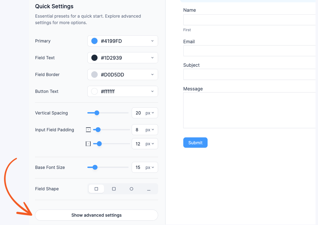 Formidable Forms form styler with a red arrow pointing to the show advanced settings button