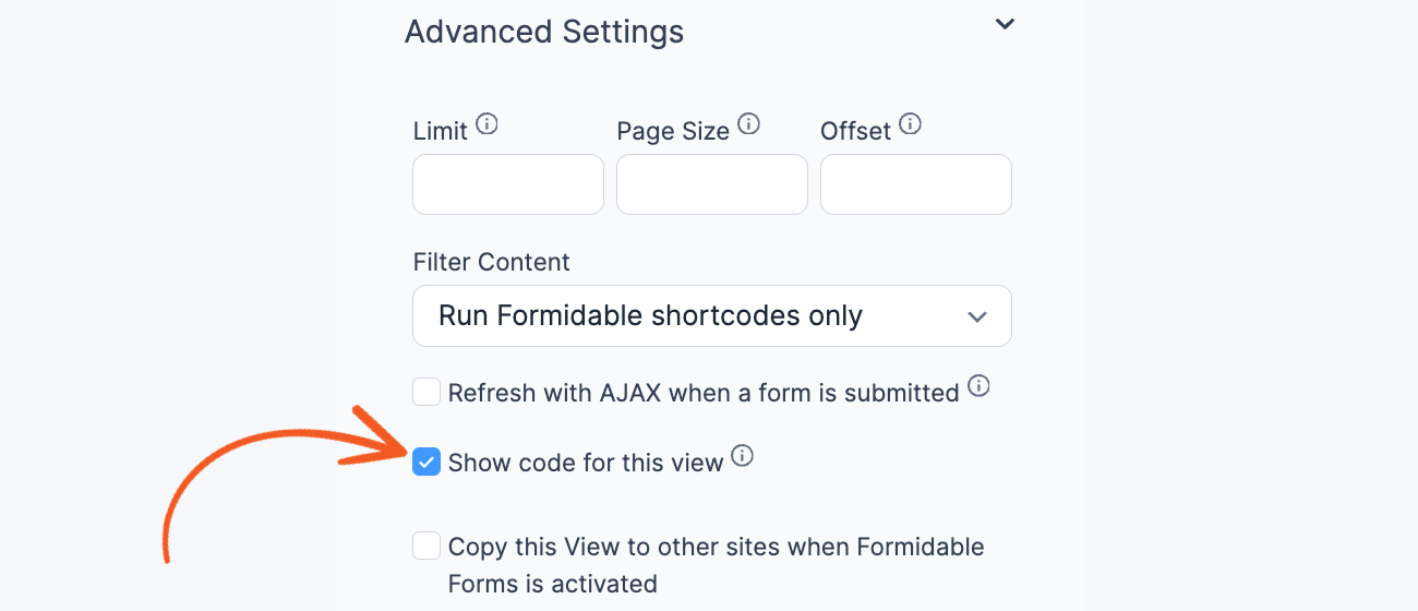 Show code for this View in Advanced settings