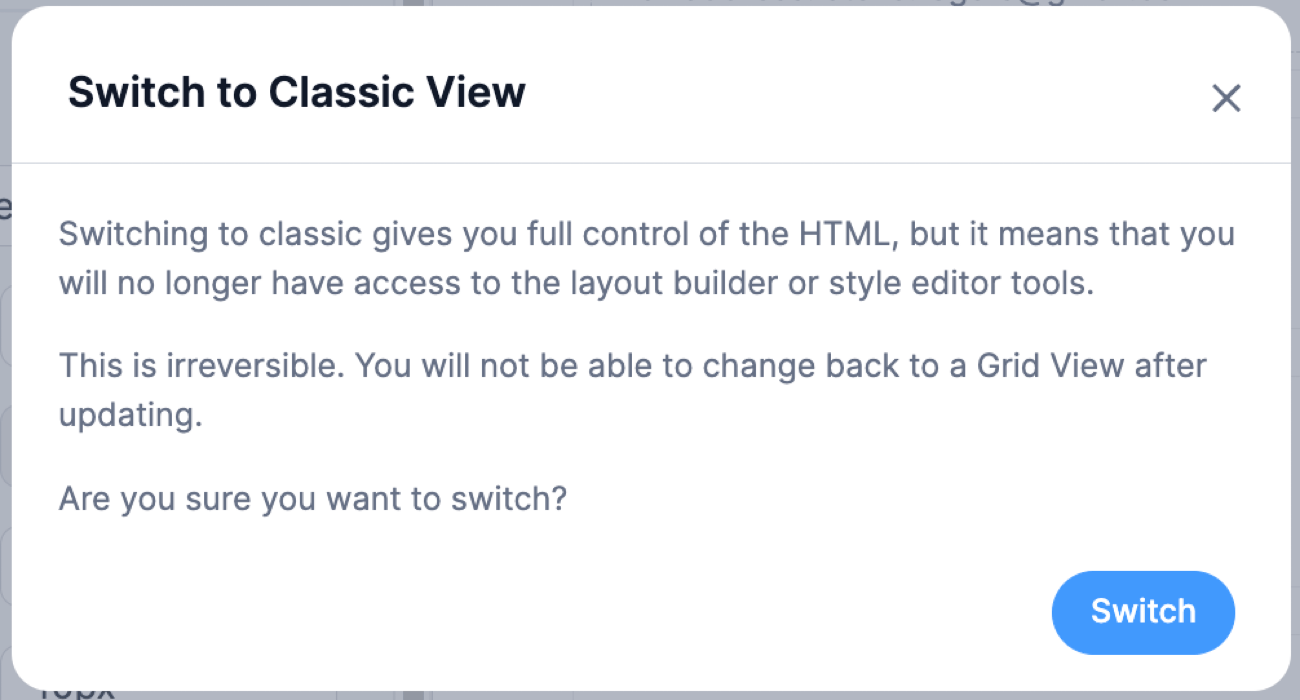 Visual Views Settings - Switch to Classic View popup