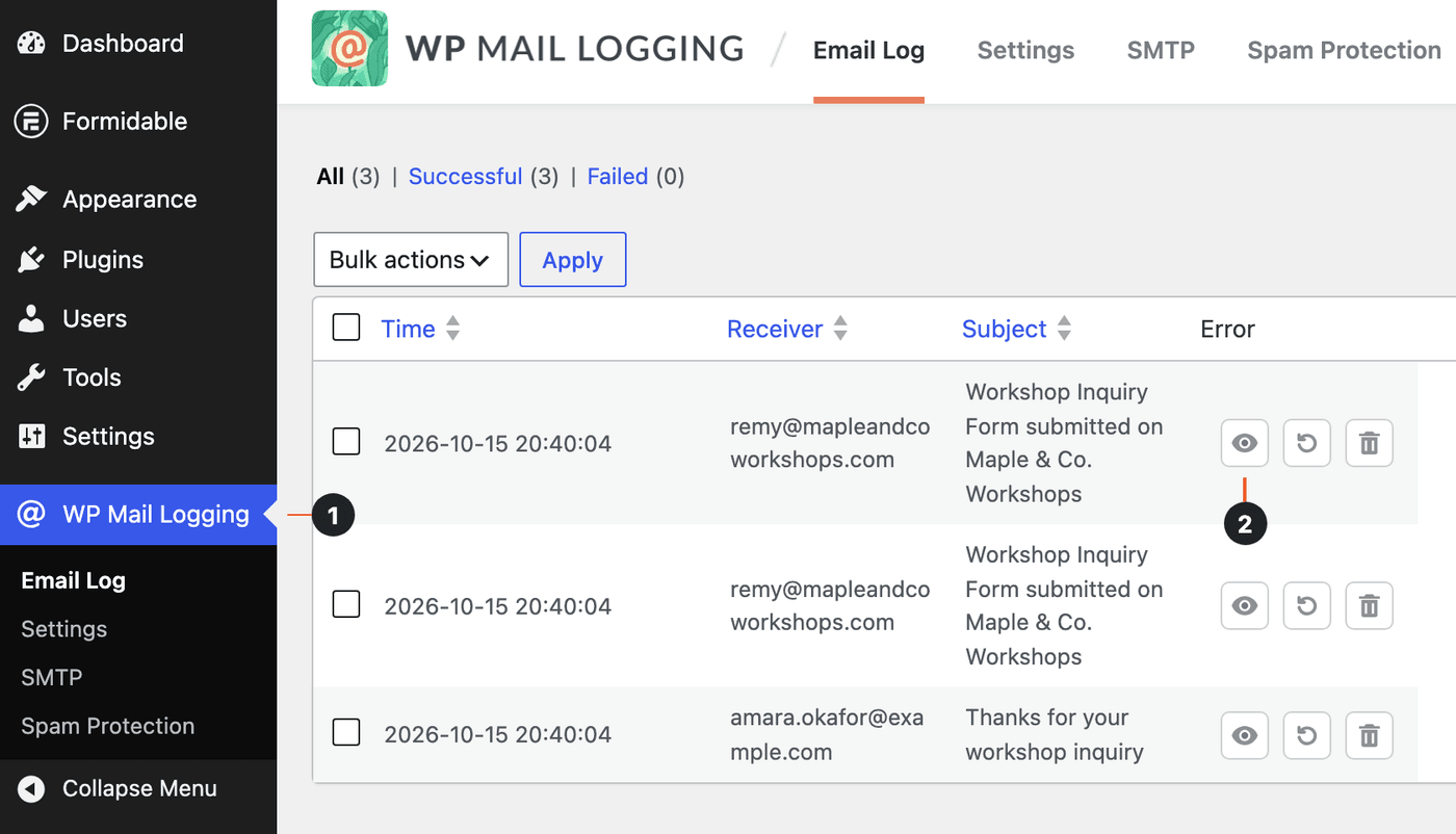 WP Mail Logging - Admin menu item and View icon in the Email Log WP Mail Logging - Admin menu item and View icon in the Email Log