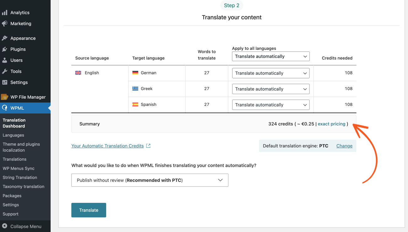 Automatically translate the form content in WPML Translation Dashboard