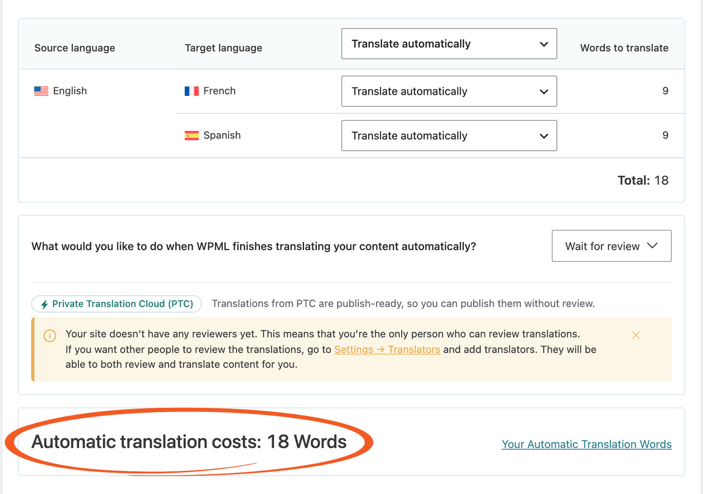 WPML Translation Dashboard - Automatic translation costs in words below the target languages WPML Translation Dashboard - Automatic translation costs in words below the target languages