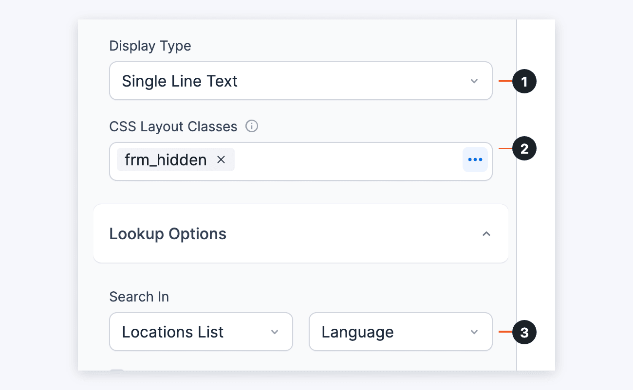 Language Lookup field options: Display Type set to Single Line Text (1), frm_hidden in CSS Layout Classes (2), and Search In set to Locations List and Language (3) Language Lookup field options: Display Type set to Single Line Text (1), frm_hidden in CSS Layout Classes (2), and Search In set to Locations List and Language (3)