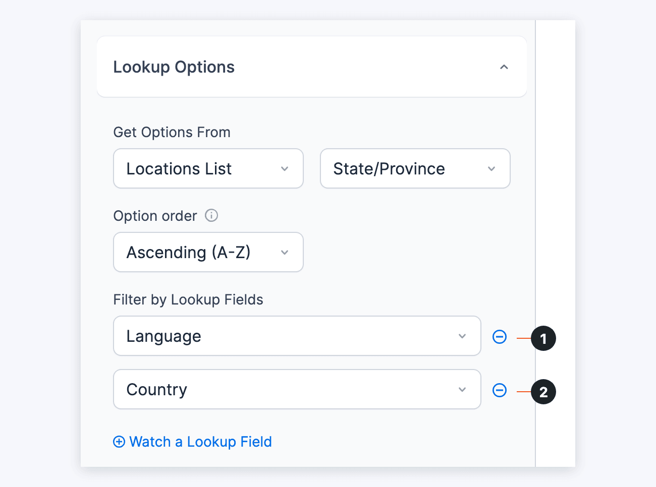 State/Province Lookup field options: Filter by Lookup Fields watching Language (1) and Country (2) State/Province Lookup field options: Filter by Lookup Fields watching Language (1) and Country (2)