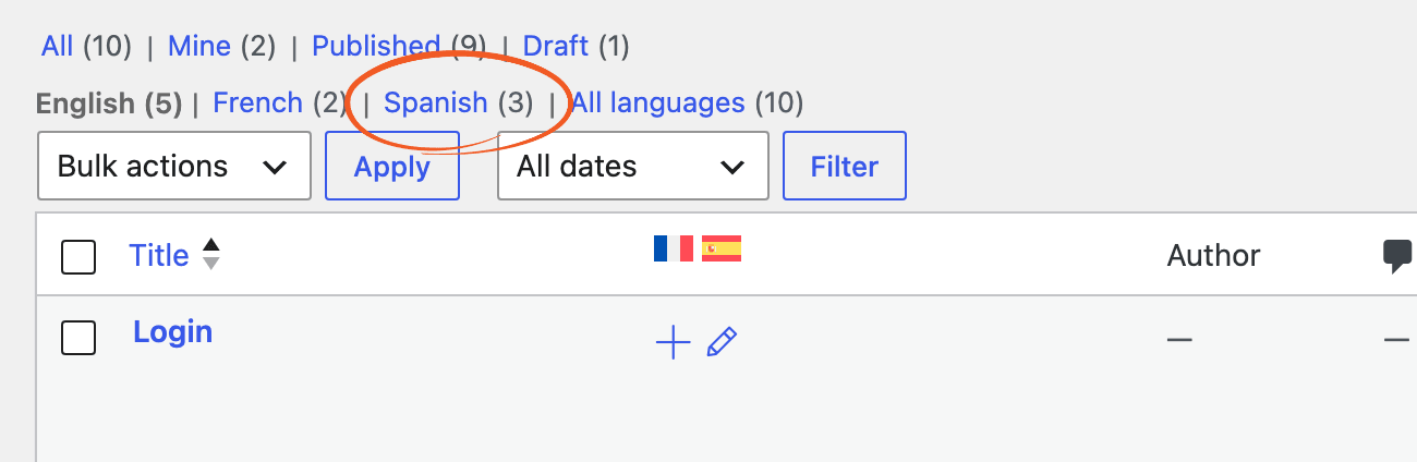 WordPress Pages list with the Spanish language link above the list WordPress Pages list with the Spanish language link above the list