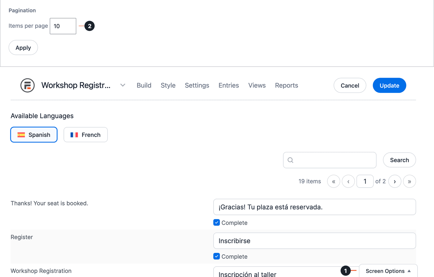 Form translation page: Screen Options (1) open with Items per page (2) set to 10, and the list showing page 1 of 2 Form translation page: Screen Options (1) open with Items per page (2) set to 10, and the list showing page 1 of 2