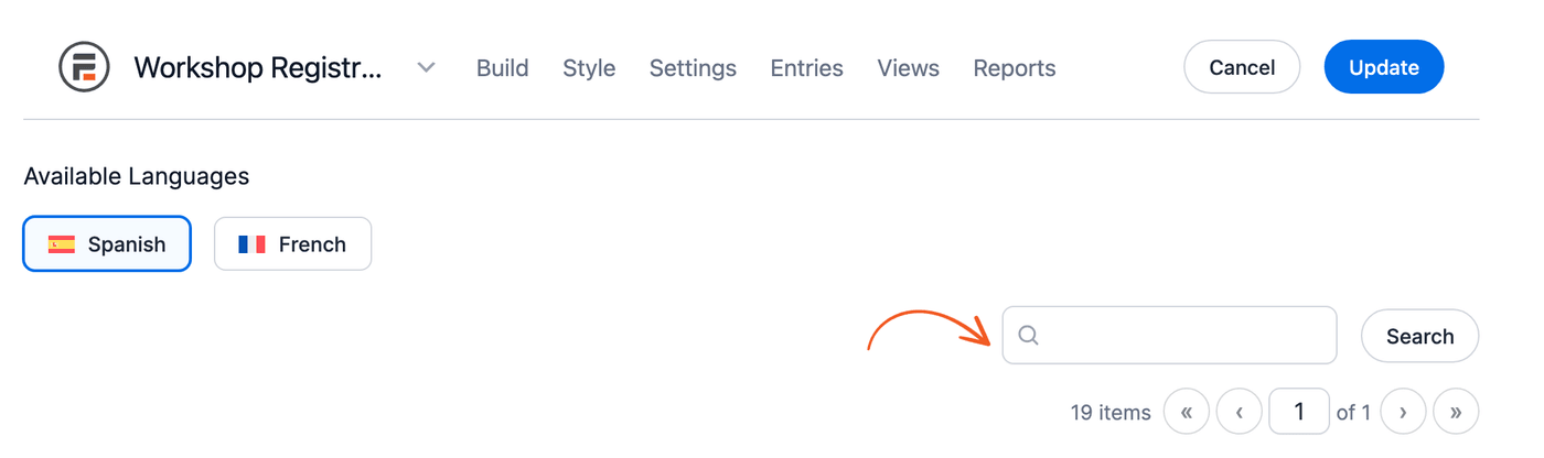 Search box on the form translation page Search box on the form translation page