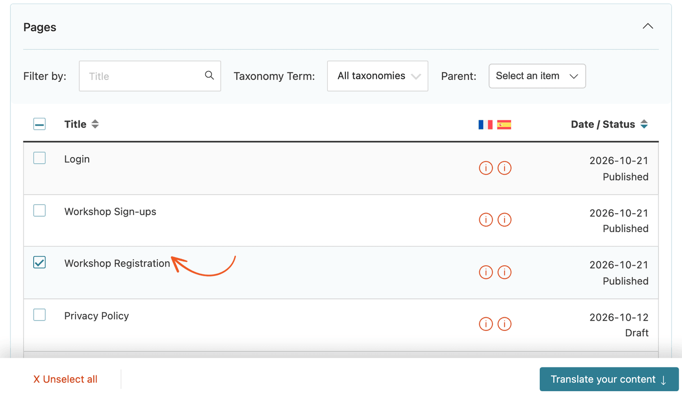 WPML Translations Dashboard tab with the page that holds the form selected WPML Translations Dashboard tab with the page that holds the form selected