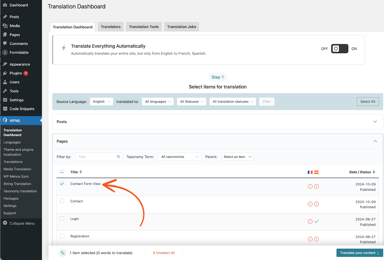 Select View for translation in WPML Translation Management