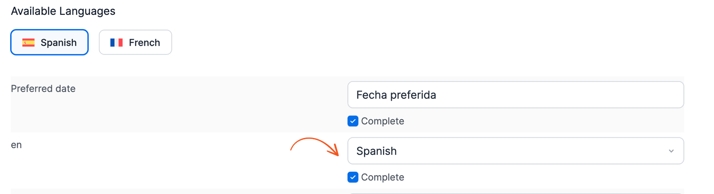 Form translation page with Spanish selected: the date field's locale row set to the Spanish datepicker language Form translation page with Spanish selected: the date field's locale row set to the Spanish datepicker language
