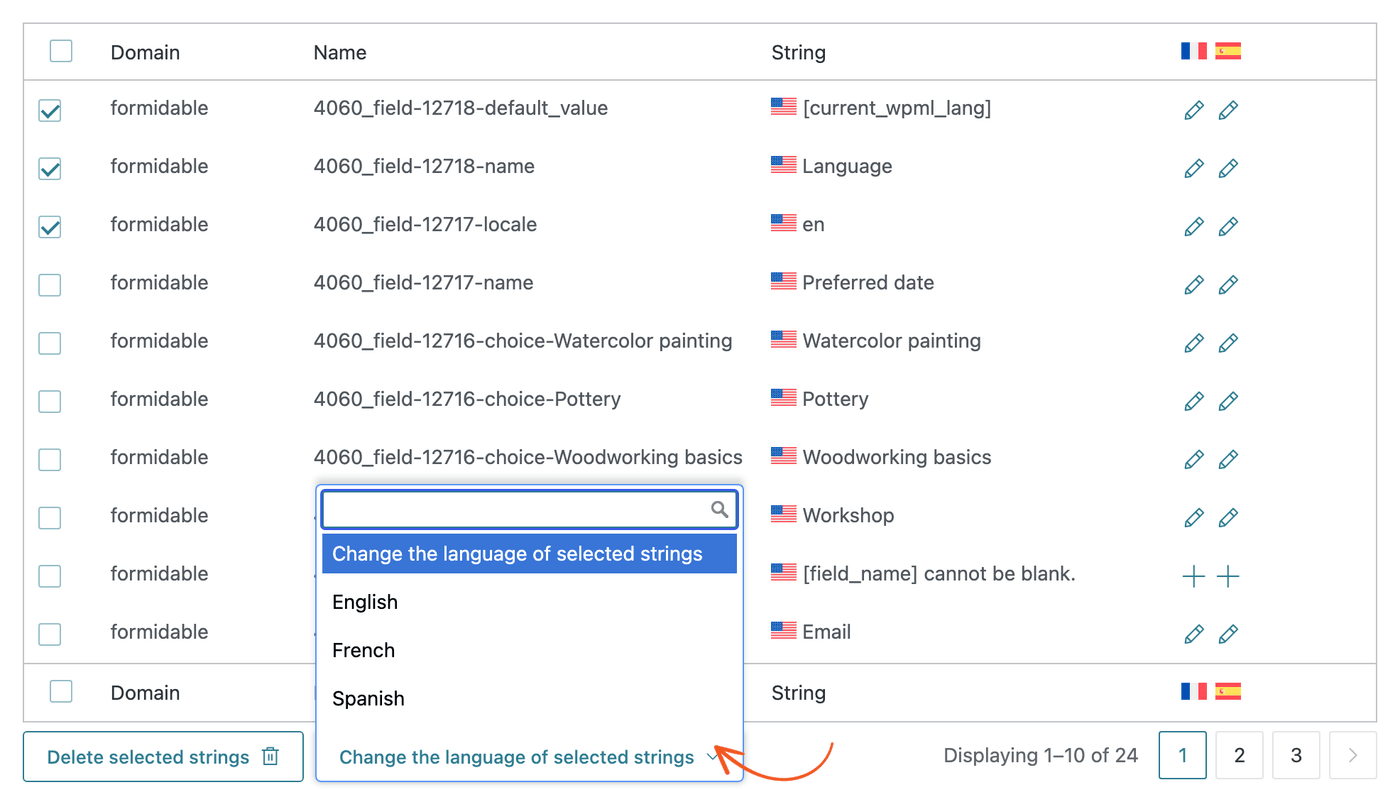 WPML Strings tab with three formidable strings selected and the Change the language of selected strings list open WPML Strings tab with three formidable strings selected and the Change the language of selected strings list open