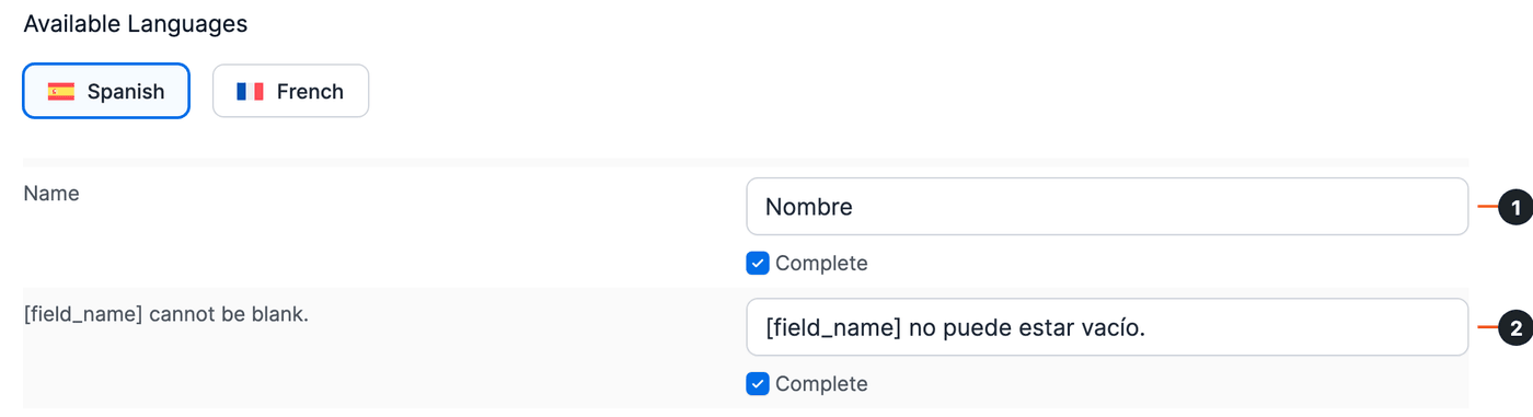 Form translation page with Spanish selected: the Name label translated as Nombre (1) and [field_name] cannot be blank. translated as [field_name] no puede estar vacío. (2)