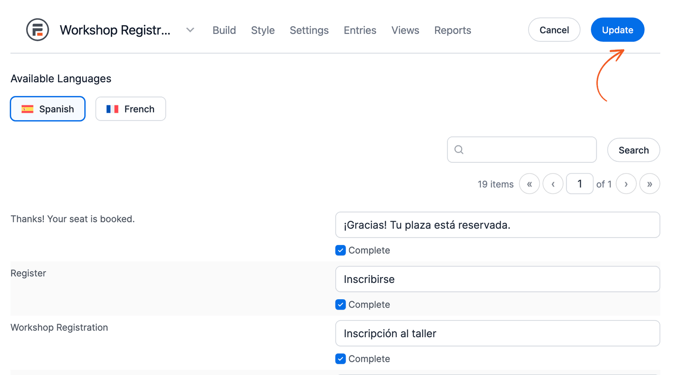 Form translation page with the Spanish language selected, Spanish translations entered, and the Update button Form translation page with the Spanish language selected, Spanish translations entered, and the Update button