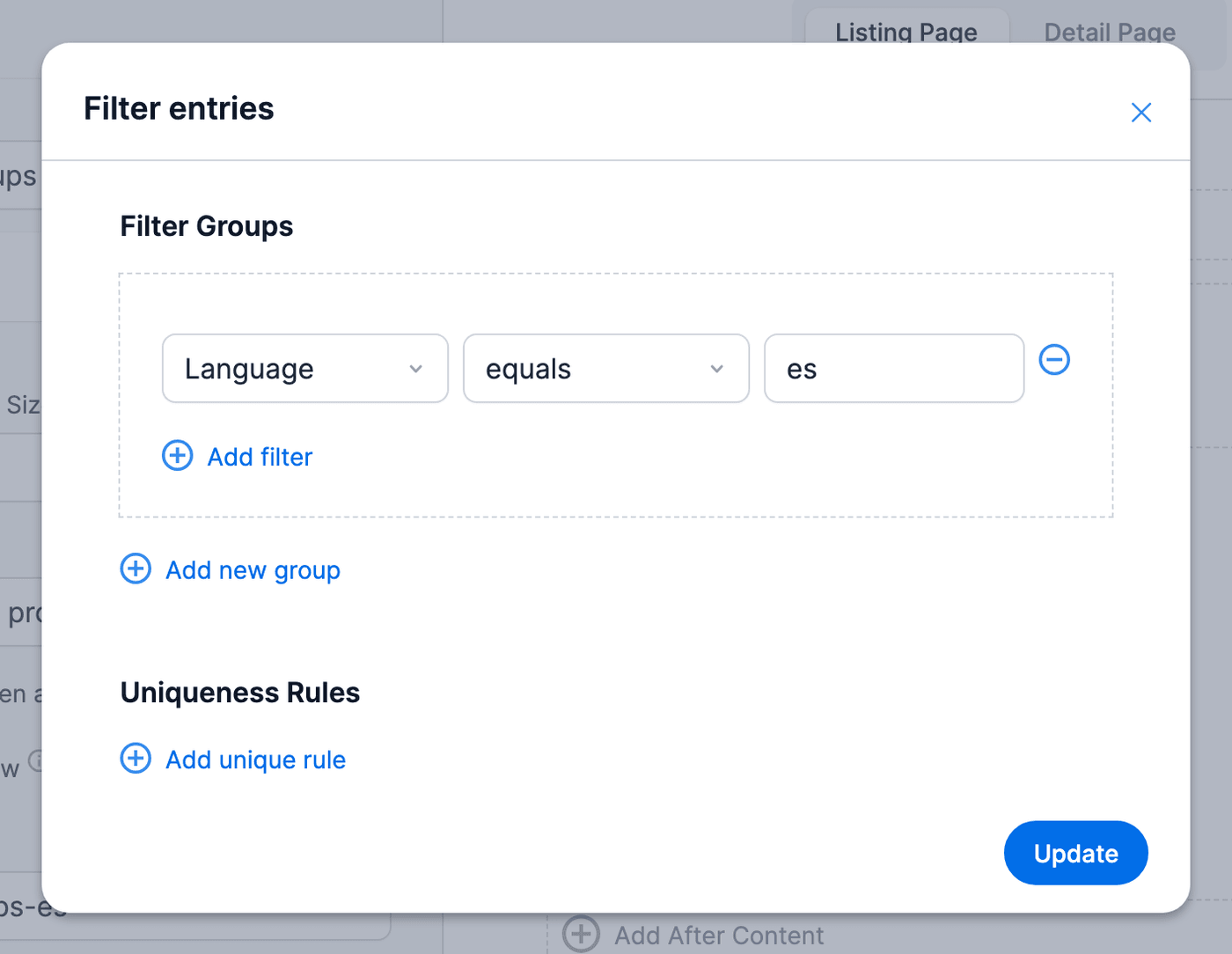 Filter entries window for the Spanish View: Language equals es Filter entries window for the Spanish View: Language equals es