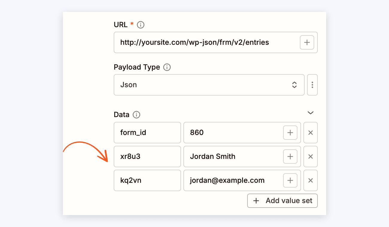 Form Webhooks API - Zapier POST action with the entries URL, Payload Type Json, and Data rows for form_id and two field keys