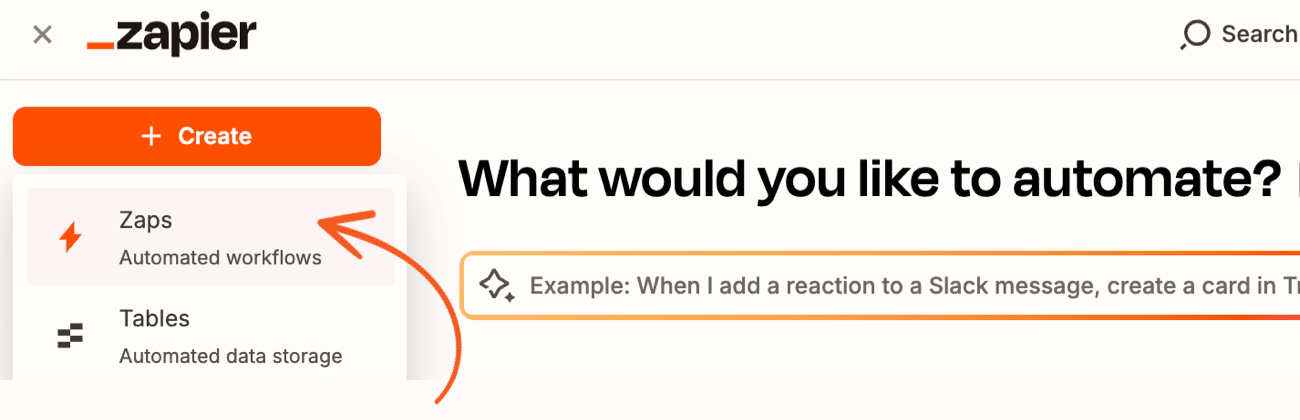 Zapier dashboard with an arrow pointing to the Create Zap button