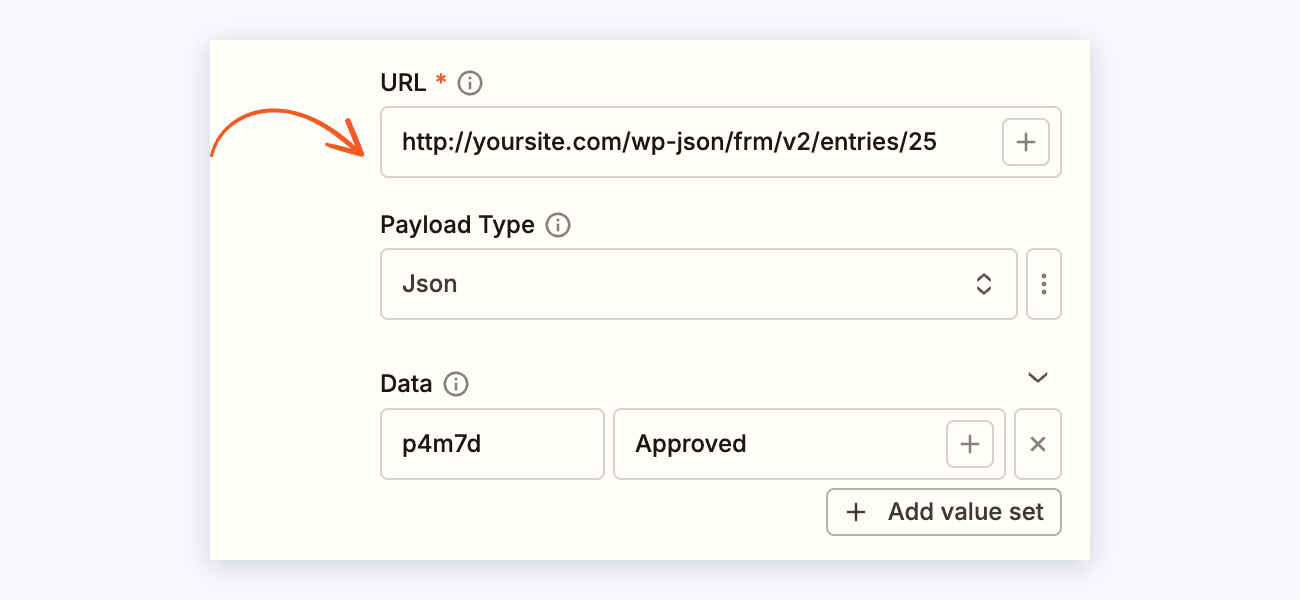 Form Webhooks API - Zapier PUT action with the entry ID at the end of the URL, Payload Type Json, and one Data row for the field to change Form Webhooks API - Zapier PUT action with the entry ID at the end of the URL, Payload Type Json, and one Data row for the field to change