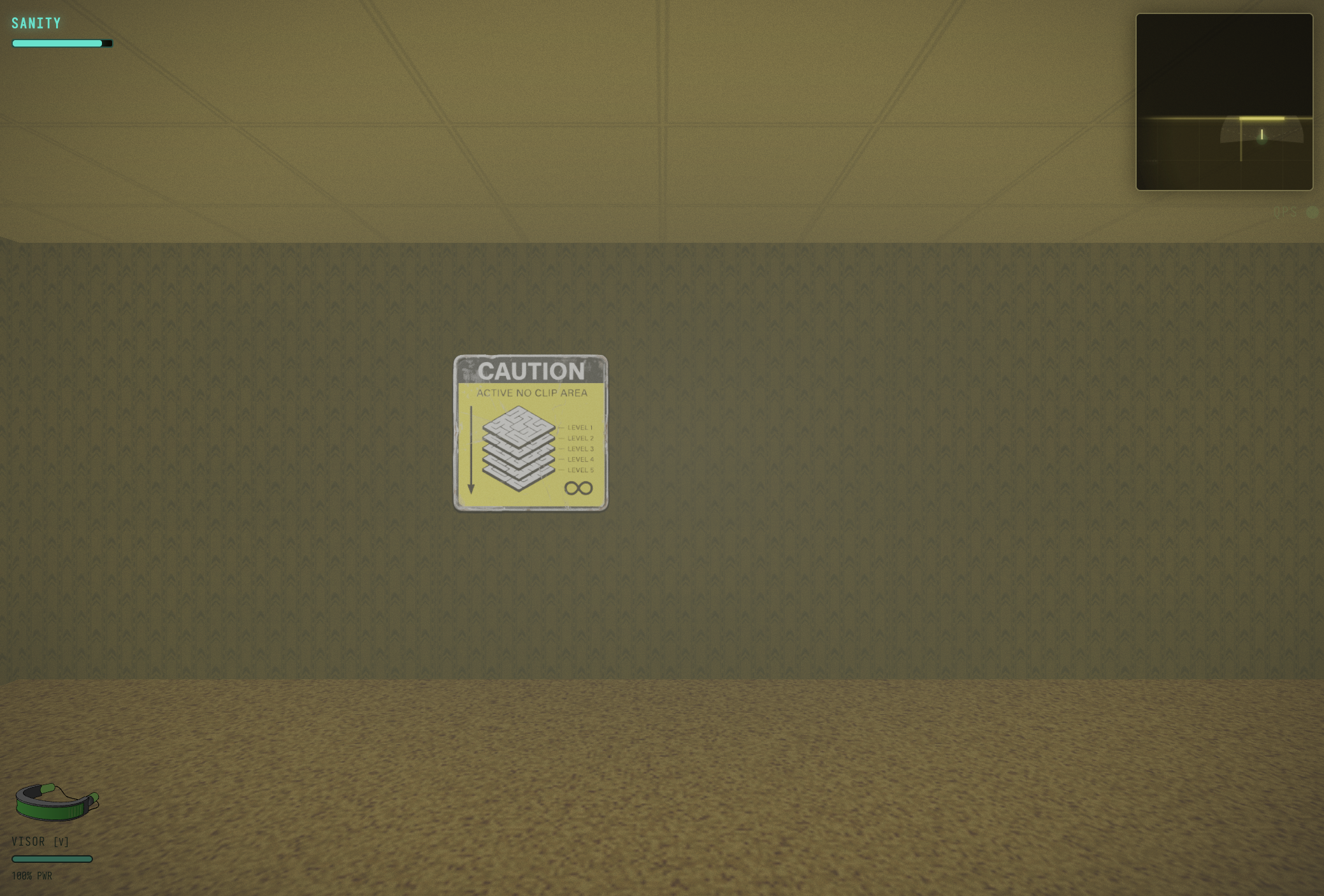 First-person view in Quantum Backrooms: a yellowish wallpapered room with a caution sign reading Active No Clip Area, a sanity meter and a minimap